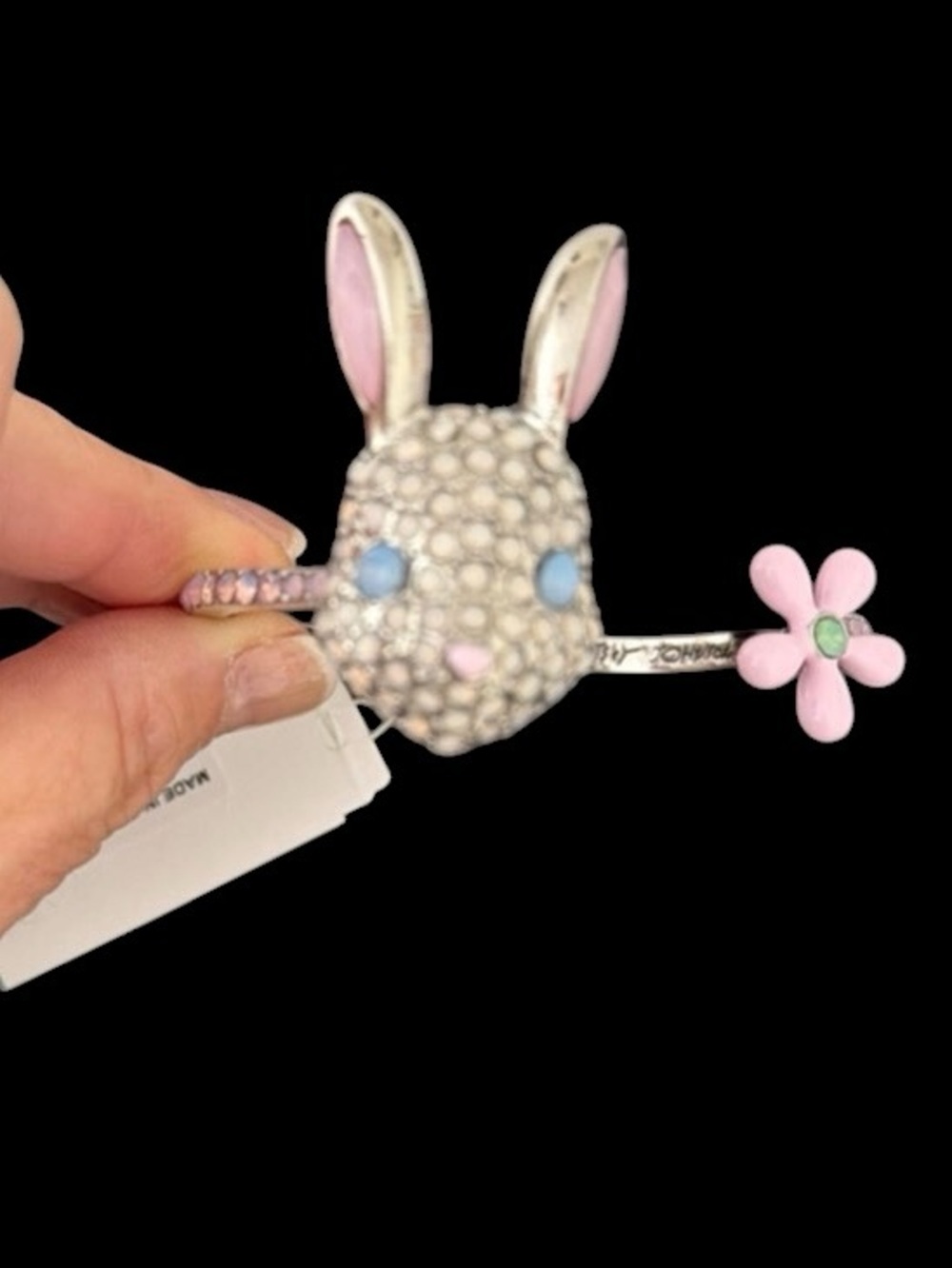 BETSEY JOHNSON Easter Bunny Rabbit with Crystals & Pink Daisy Hinge Bracelet NWT
